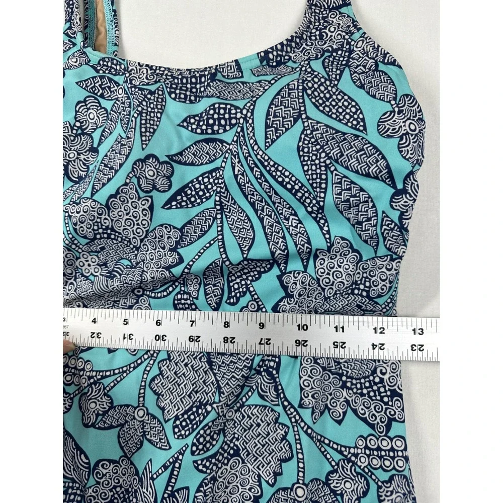 Lands' End One-Piece Swimsuit 8L Blue Teal Floral Scoop‎ Tropical Coastal Beachy